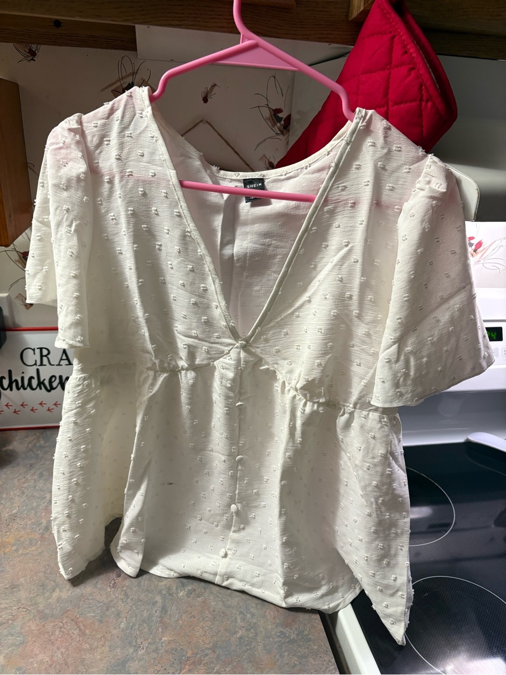 SHEIN White Textured V-Neck Flutter Sleeve Blouse